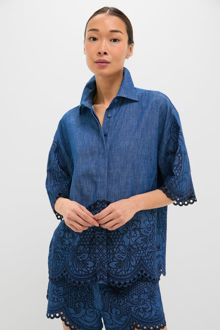 Railway Blue Coco Embroidered Denim Shirt
