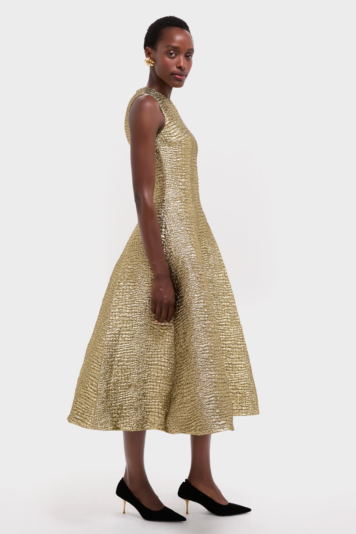 Gold Metallic Seersucker Mara Midi Dress