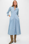 Pacific Blue Chambray Woven Collared Long Sleeve Shirt Dress
