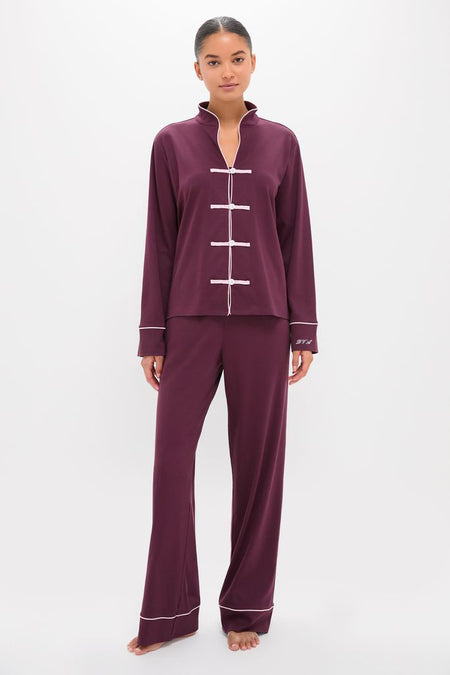 Winetasting Pima Cotton Wilford Women's Pajama Set: classic, effortless loungewear featuring a Mandarin collar, frog closures, and wide-leg pants with contrast trim for a high-end, fun look.