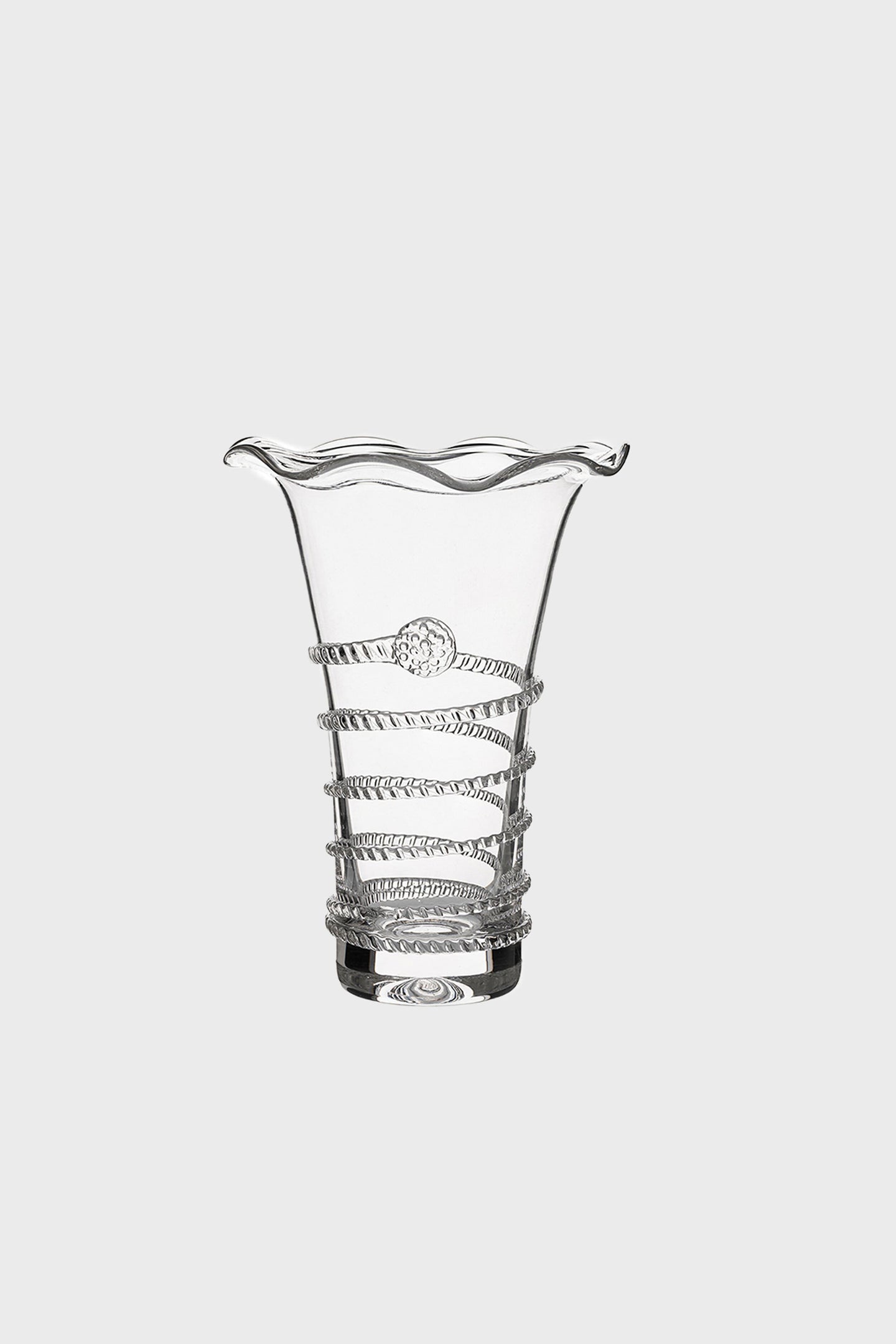 A clear spiral glass vase with a wavy rim, raised spiraling bands, and a circular accent on its body from Juliska.
