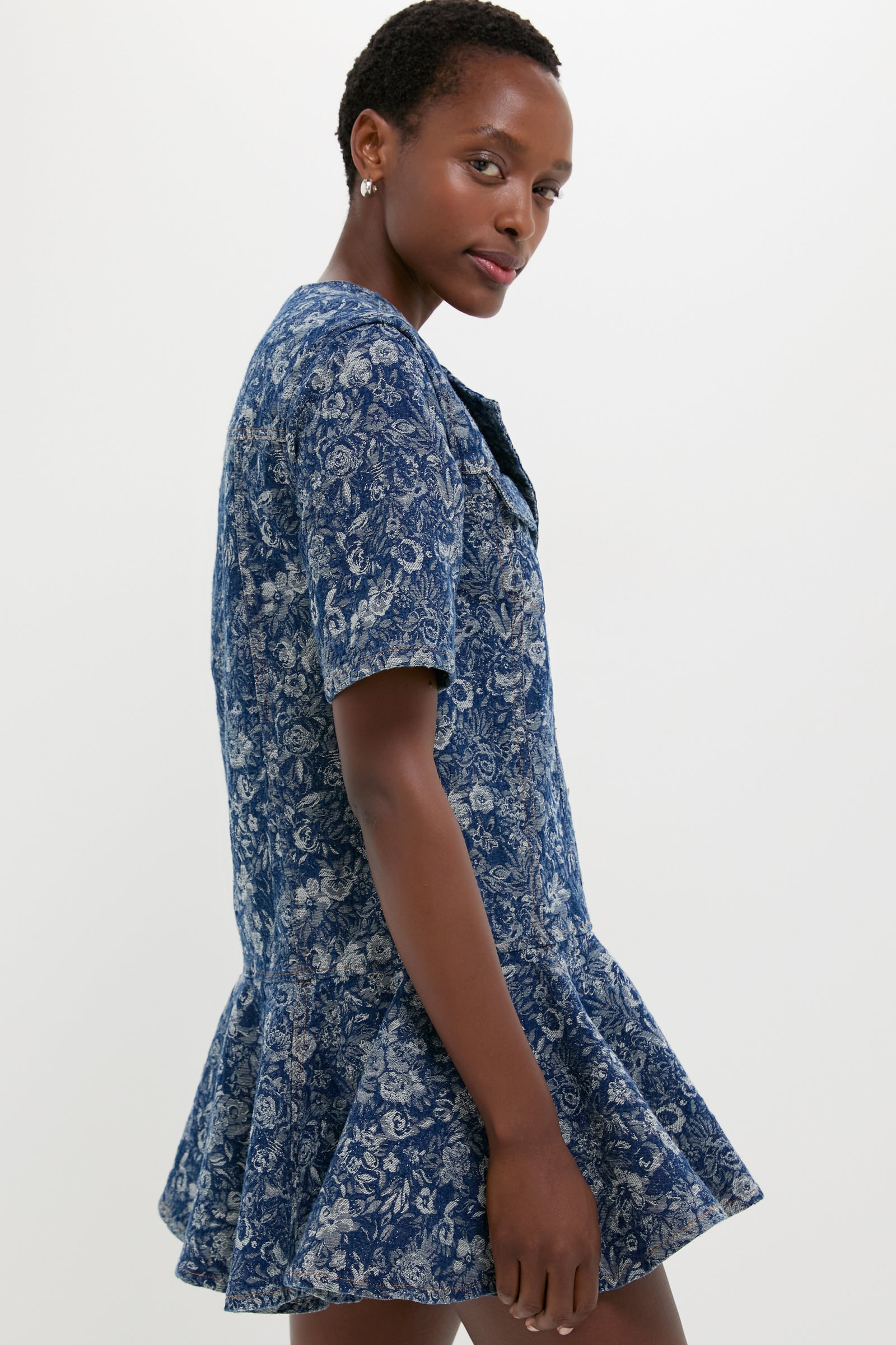 ganni fluffy denim mini dress GANNI Mid Blue Stone Tapestry Denim Mini Dress Mid Blue / 38