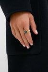 Woman's hand showcases the classic Blue Labradorite Mystic Eye Gem Ring, featuring a cushion-cut stone set in hammered gold, offering an effortless, high-end touch.