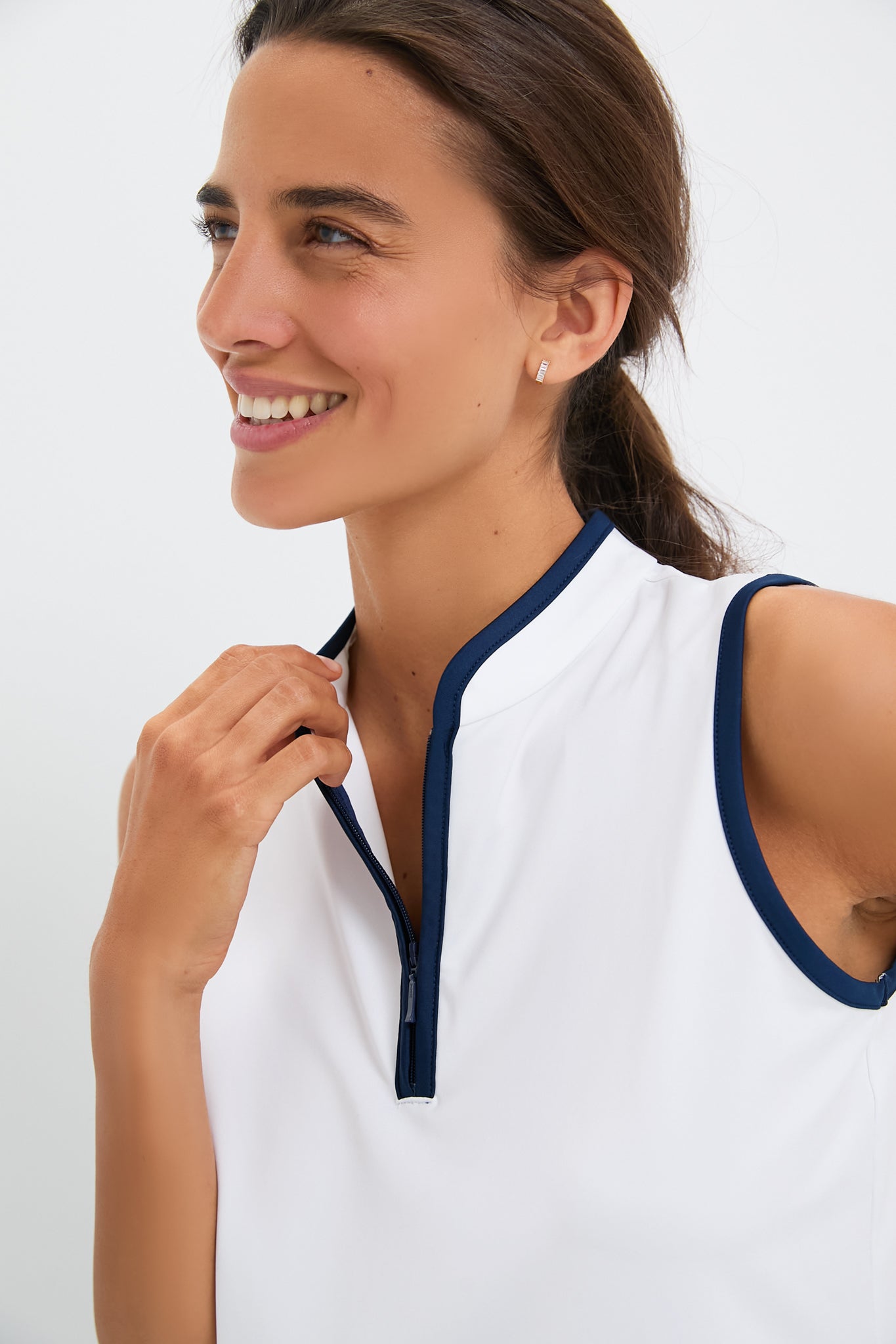 White Sleeveless Performance Jersey Connors Mock Neck