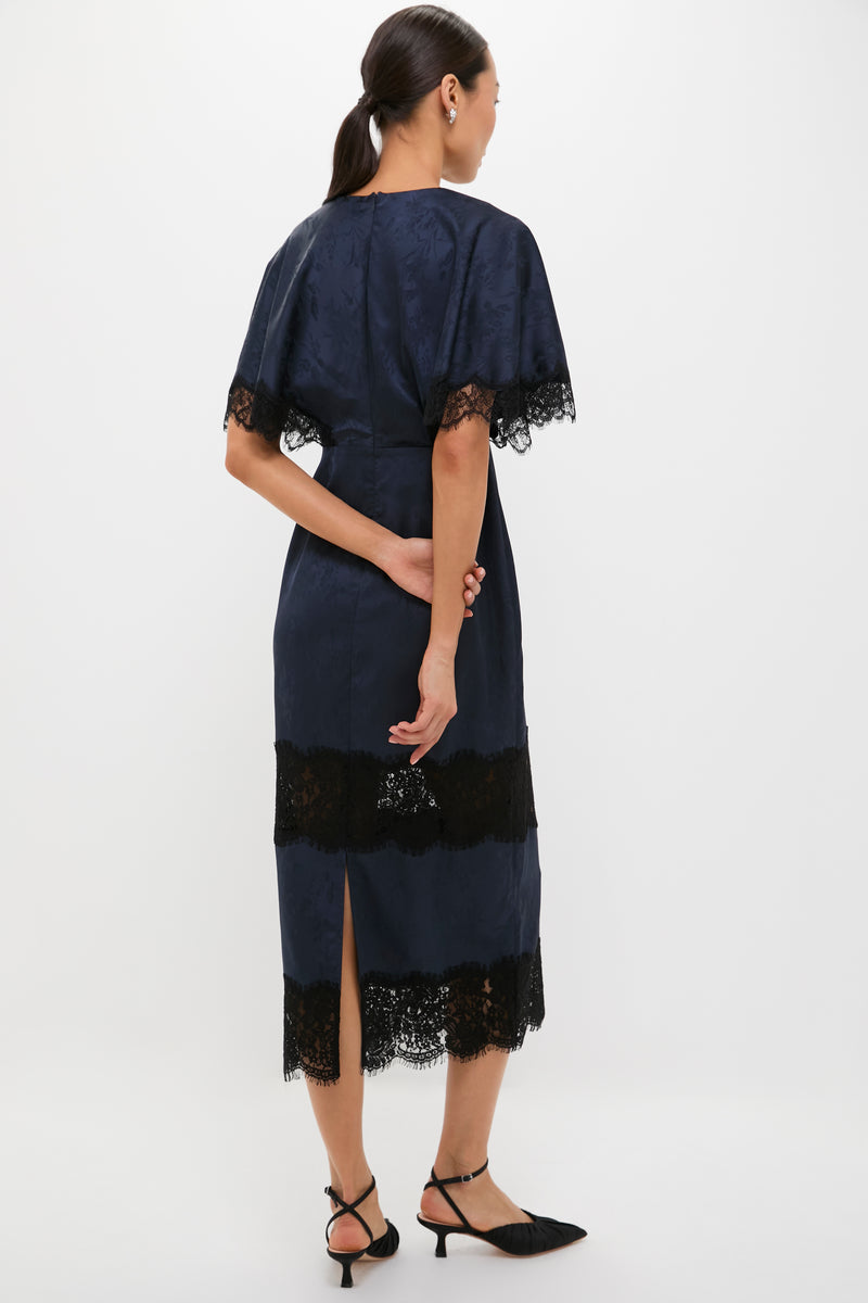 Navy Jacquard and Black Lace Cape Leah Dress