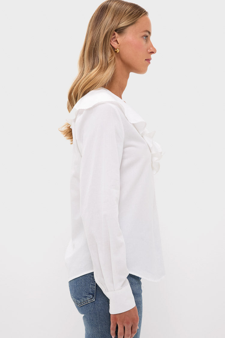 White Cotton Sateen Ruffle Eileen Button Down Shirt