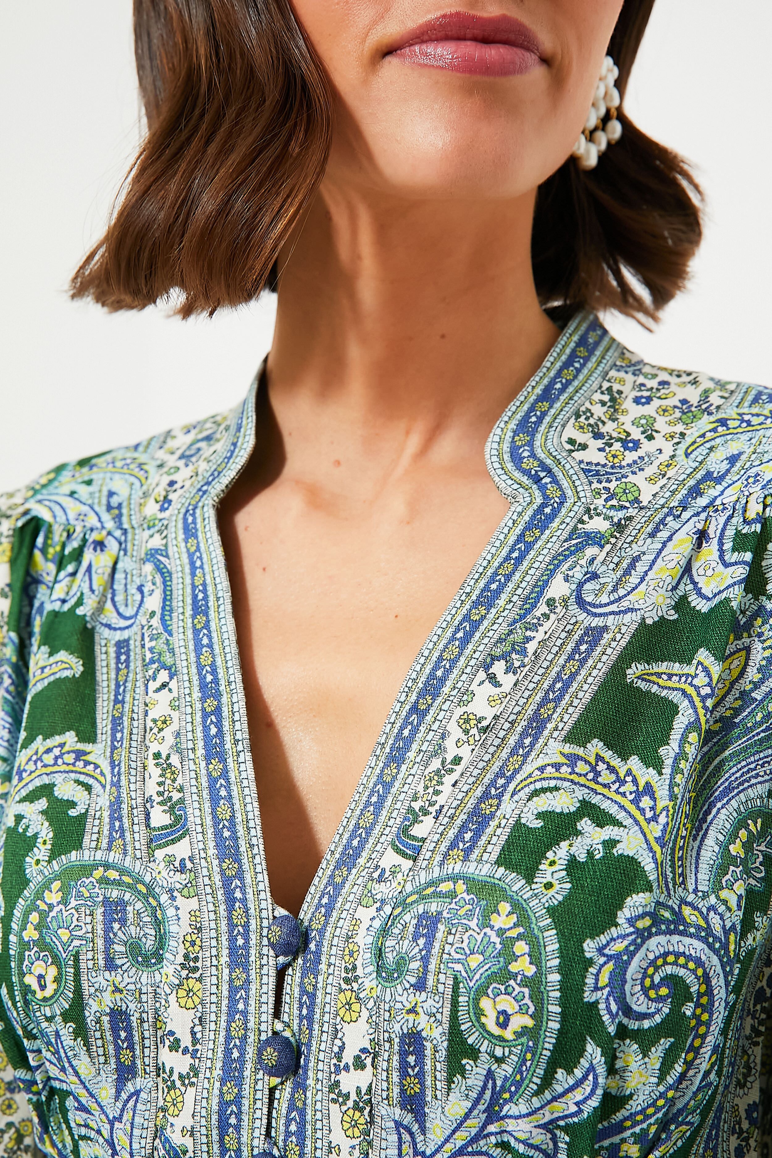 Green Paisley Ottie Plunge Midi Dress