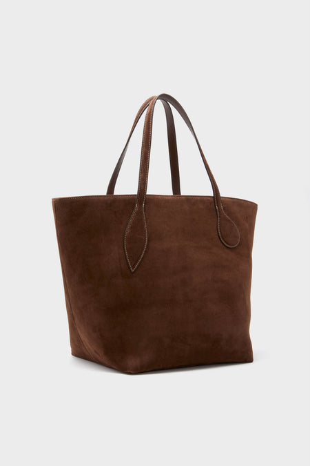 Classic Dark Brown Suede Large Sprout Tote with effortless style, featuring a snap button closure and internal zip pocket, perfect for fun, high-end getaways.