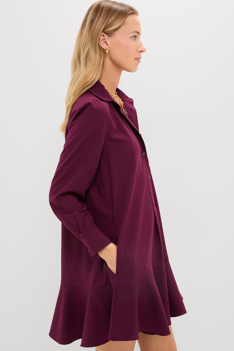 A woman with long blonde hair wears a relaxed-fit, long-sleeve, dark purple Tuckernuck crepe shirt dress with ruffled hem and buttons, standing in profile against a plain background.