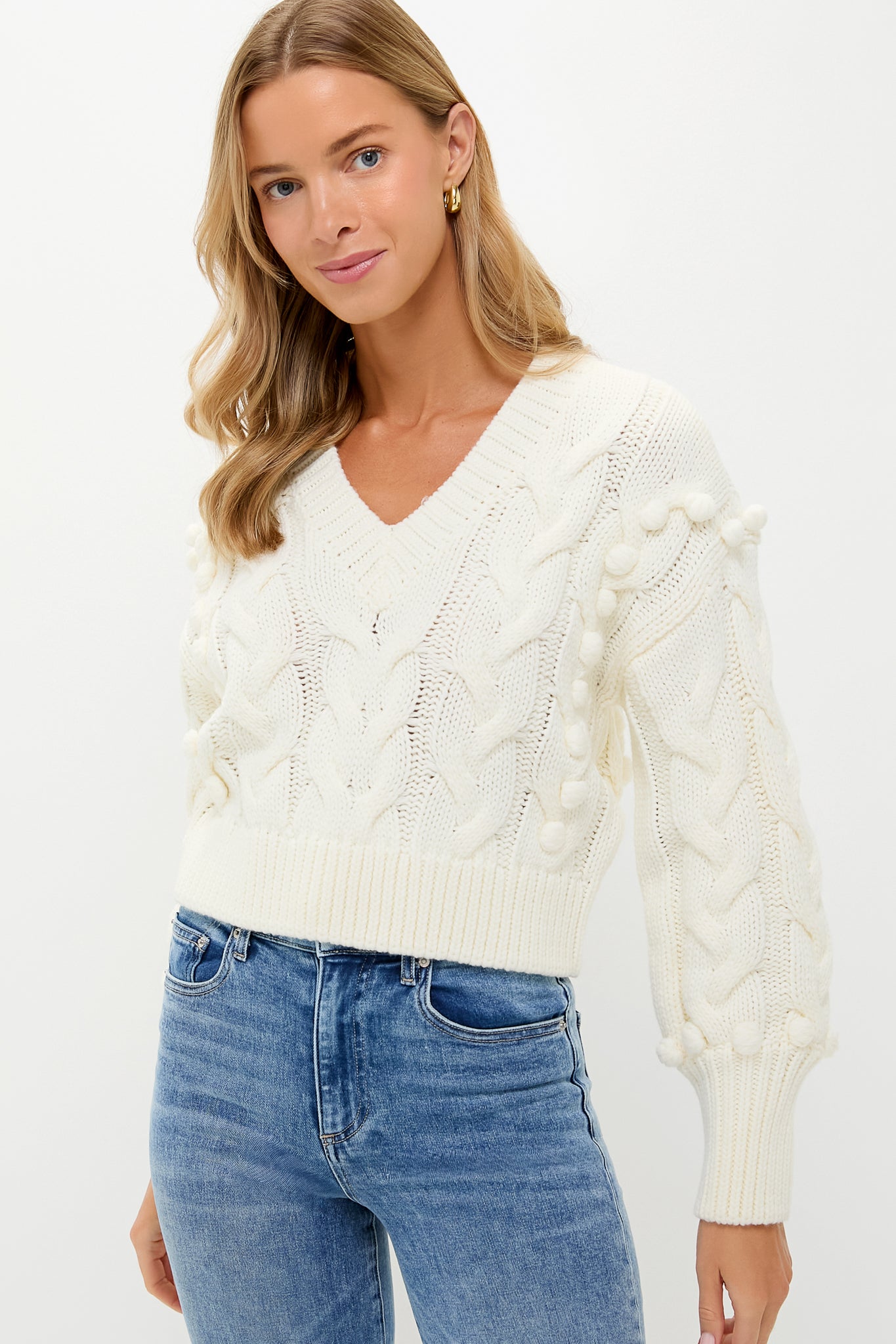 Ivory Cable Knit Cropped Contessa V-Neck Sweater