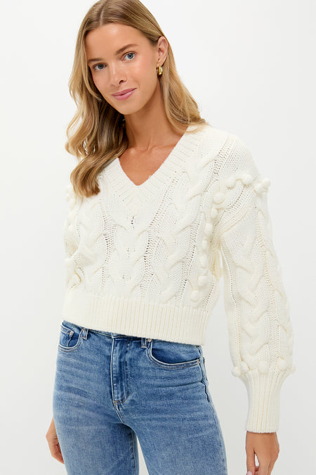 Ivory Cable Knit Cropped Contessa V-Neck Sweater