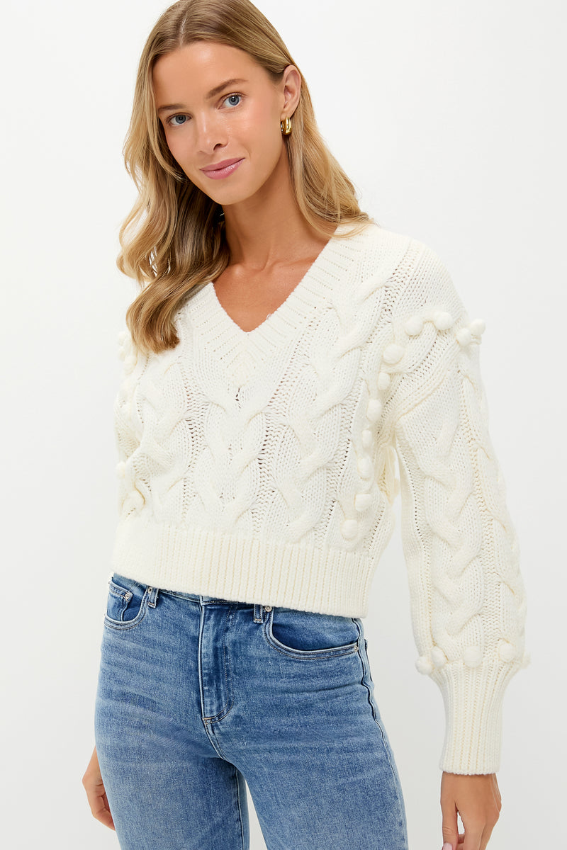 Ivory Cable Knit Cropped Contessa V-Neck Sweater