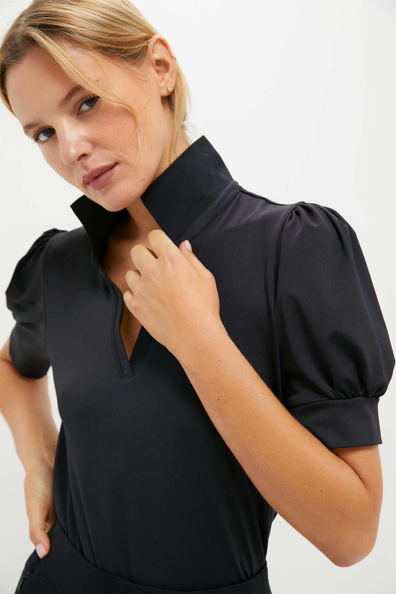 Black Puff Sleeve Performance Jersey Caroline Polo