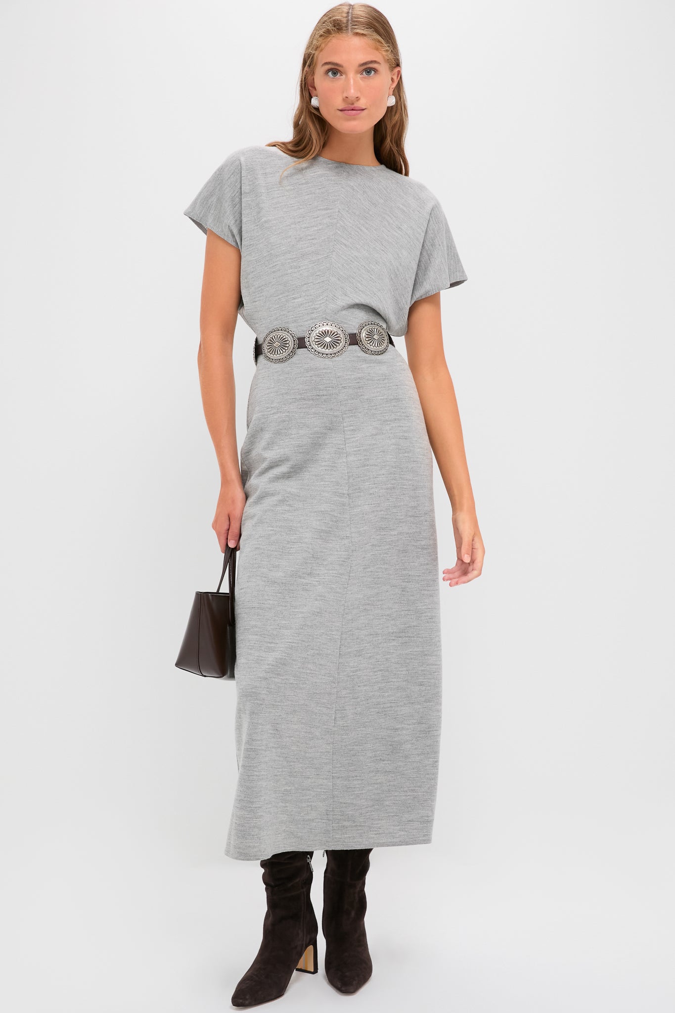 Light Smoke Heather Wool Jersey Knit Crew Neck Short Sleeve A-Line Dress