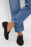 Classic Chocolate Suede Vivian Loafers in deep suede, exuding effortless style with moccasin stitching. Ideal for a fun, high-end look, perfect with jeans or blazers.