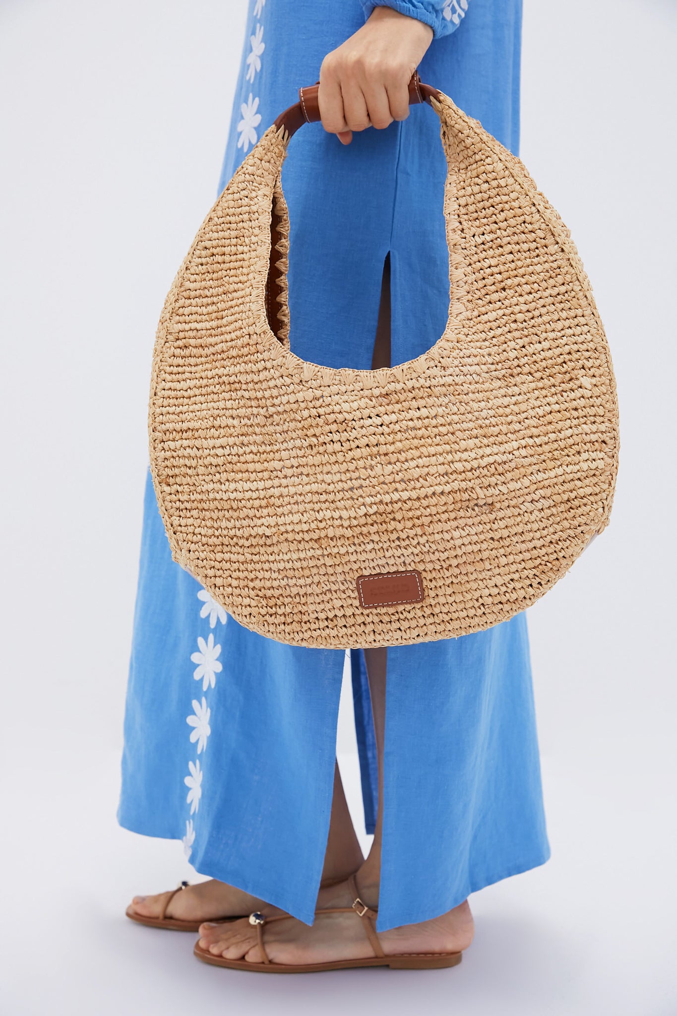 Natural and Tan Large Raffia Moon Tote Bag