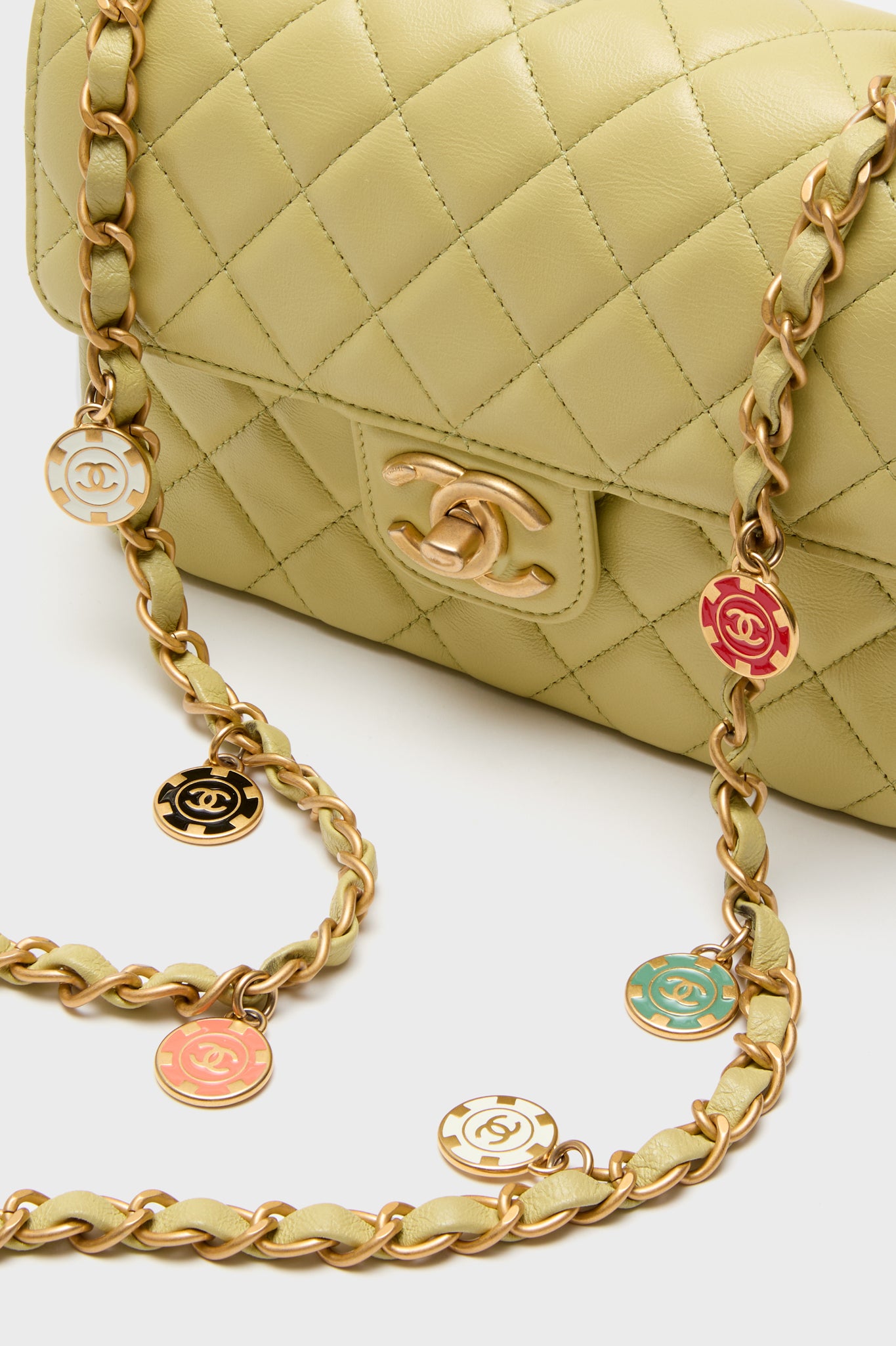 CHANEL Green Classic Lambskin Casino Royale Charms Single Flap Bag