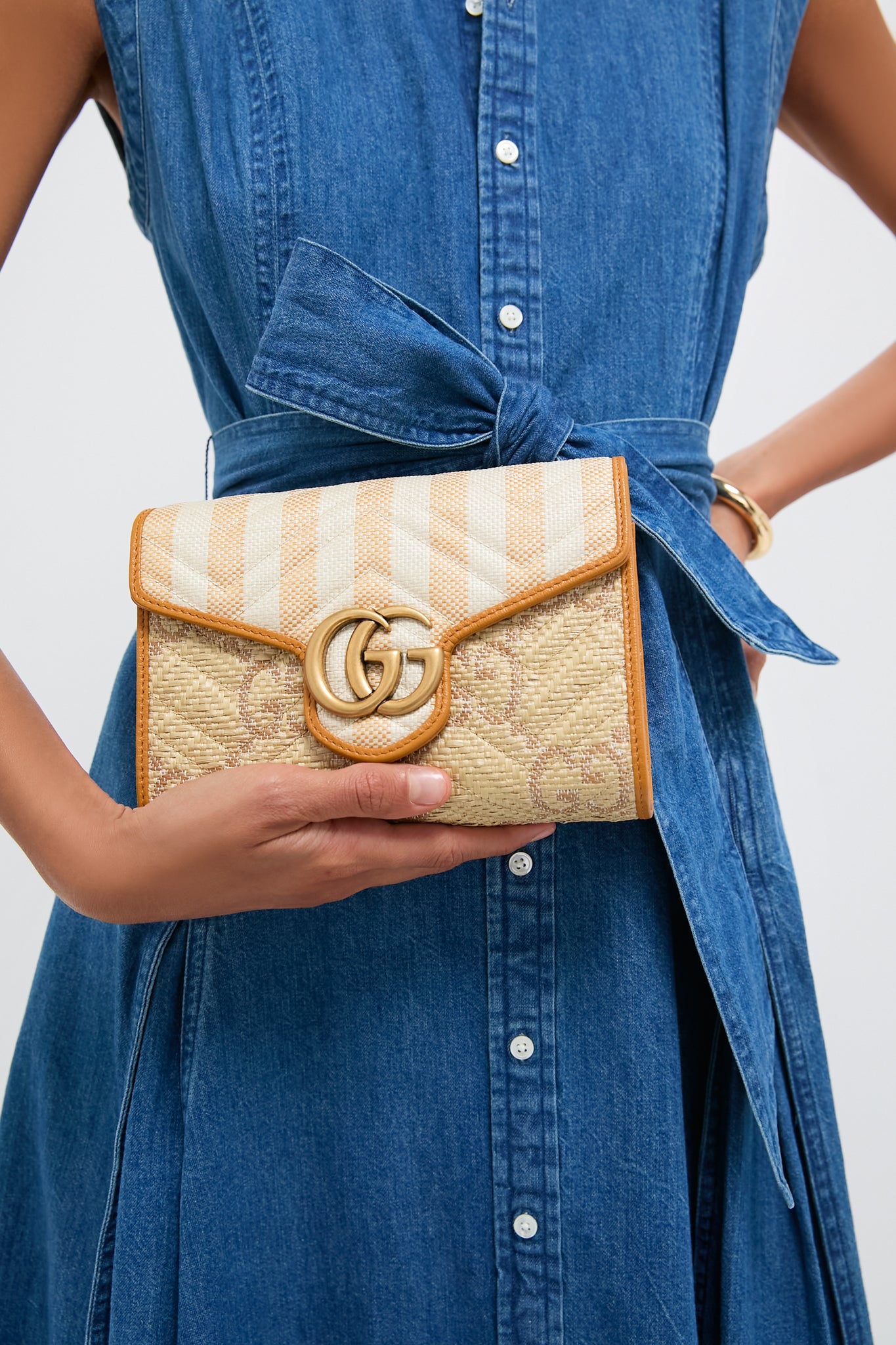 Gucci GG Marmont Raffia Wallet On Chain