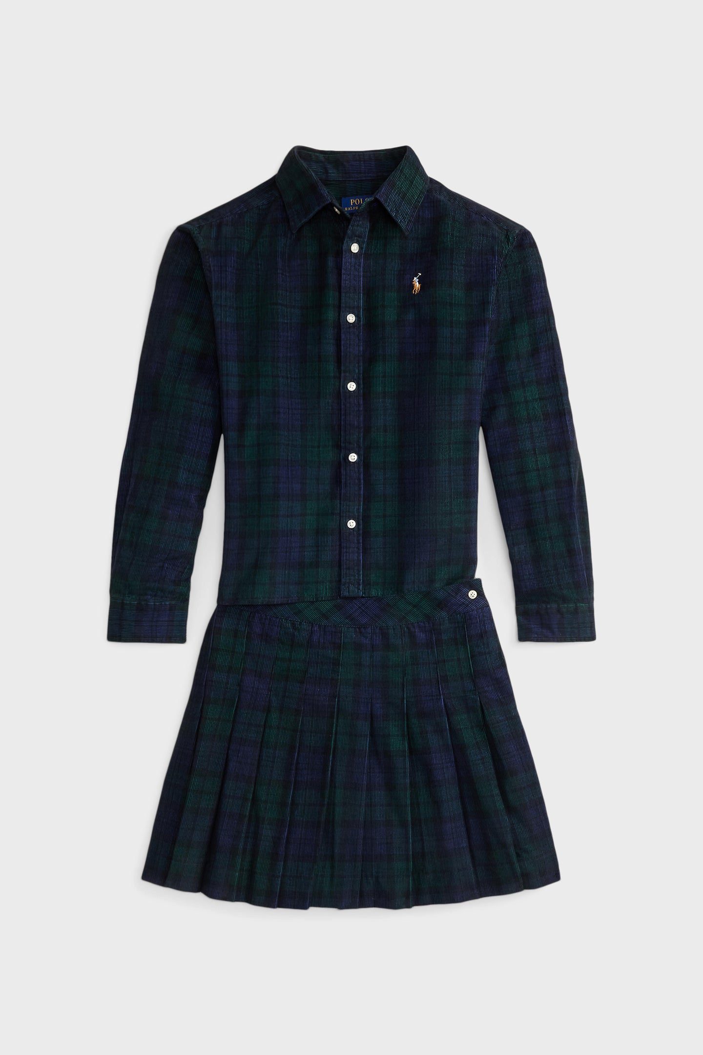 Girls Long-Sleeve Cotton Printed Corduroy Shirt with Pleated Skirt