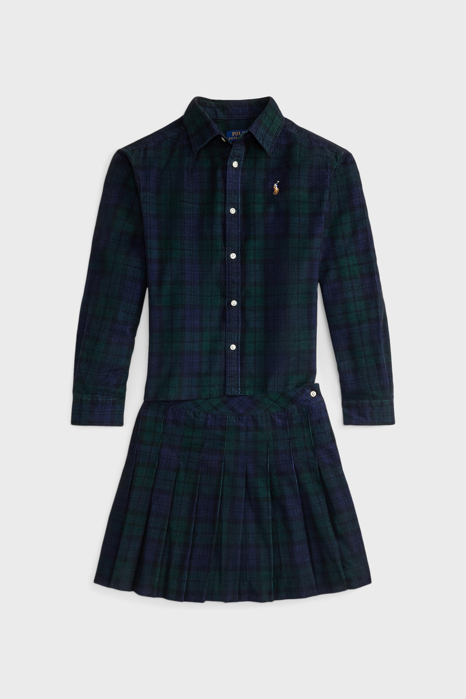Girls Long-Sleeve Cotton Printed Corduroy Shirt with Pleated Skirt