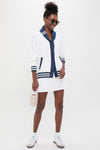 White and Navy Varsity Freya Cardigan