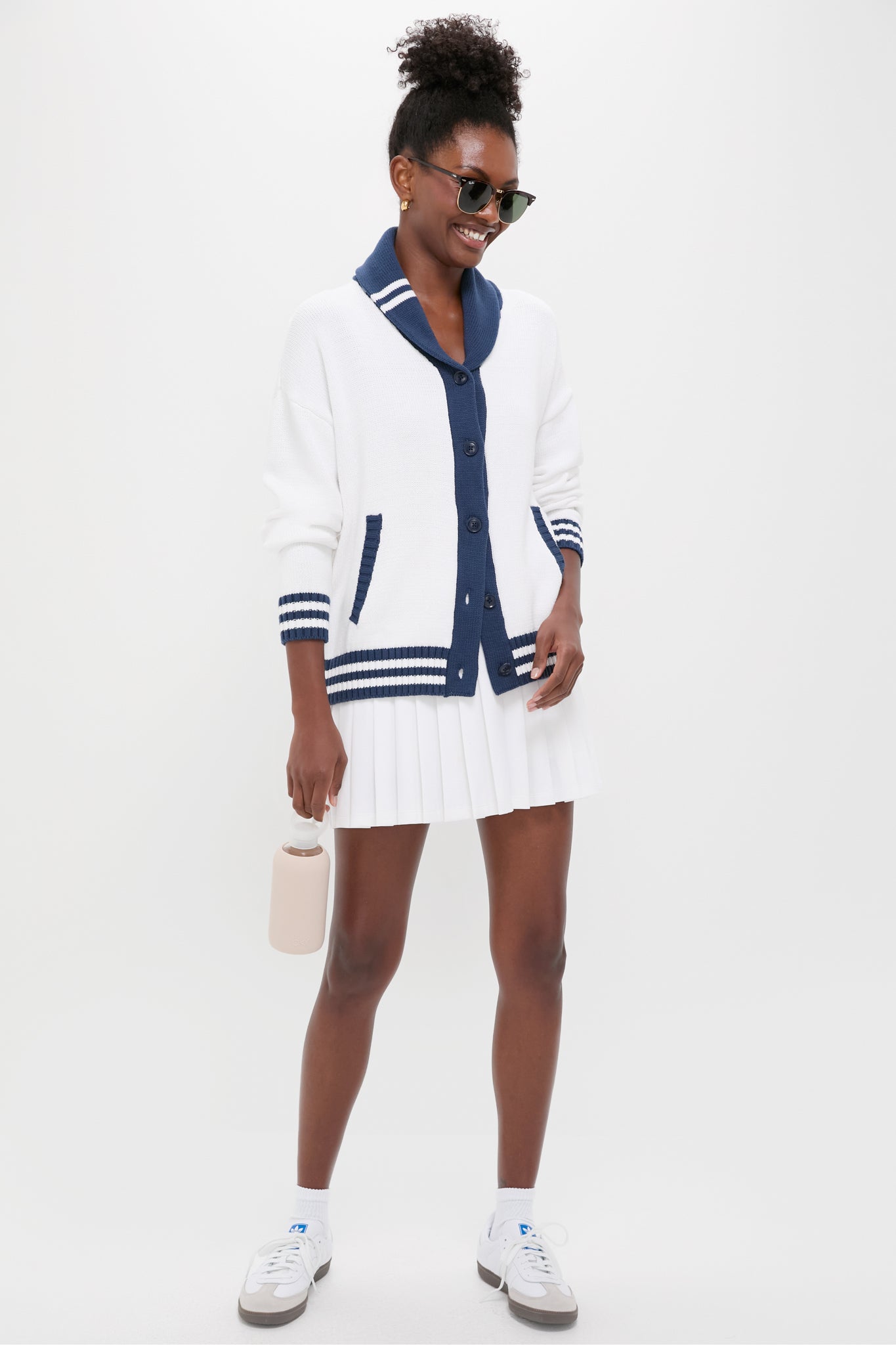 White and Navy Varsity Freya Cardigan