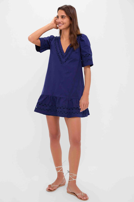 Navy V-Neck Puff Sleeve Mini Dress