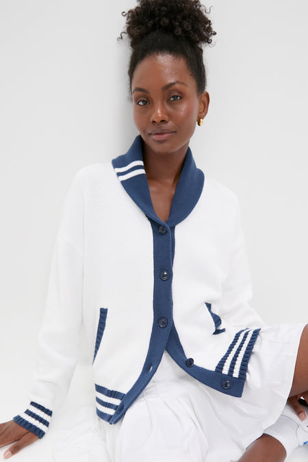 White and Navy Varsity Freya Cardigan