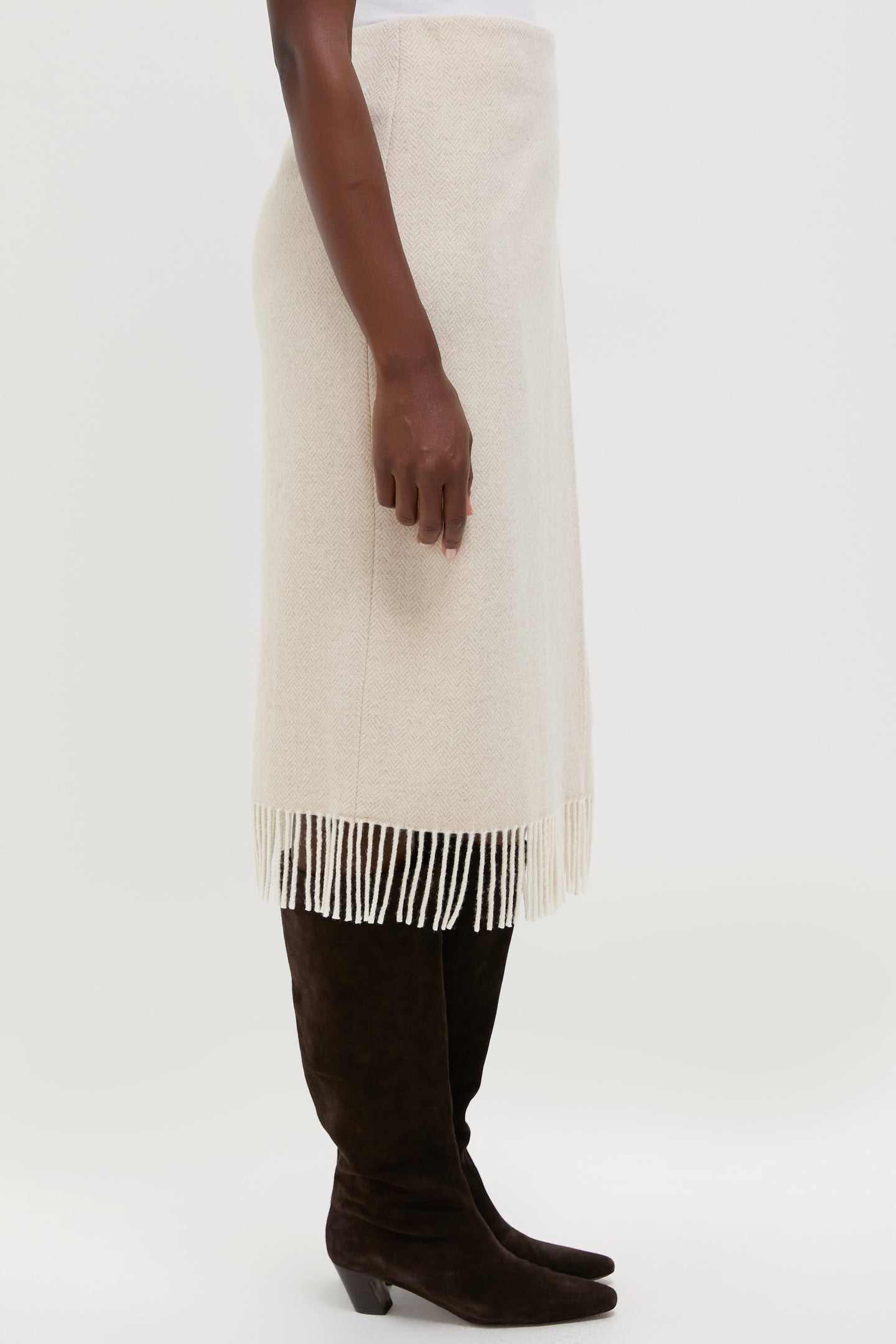 Cream Herringbone Midi Pencil Skirt