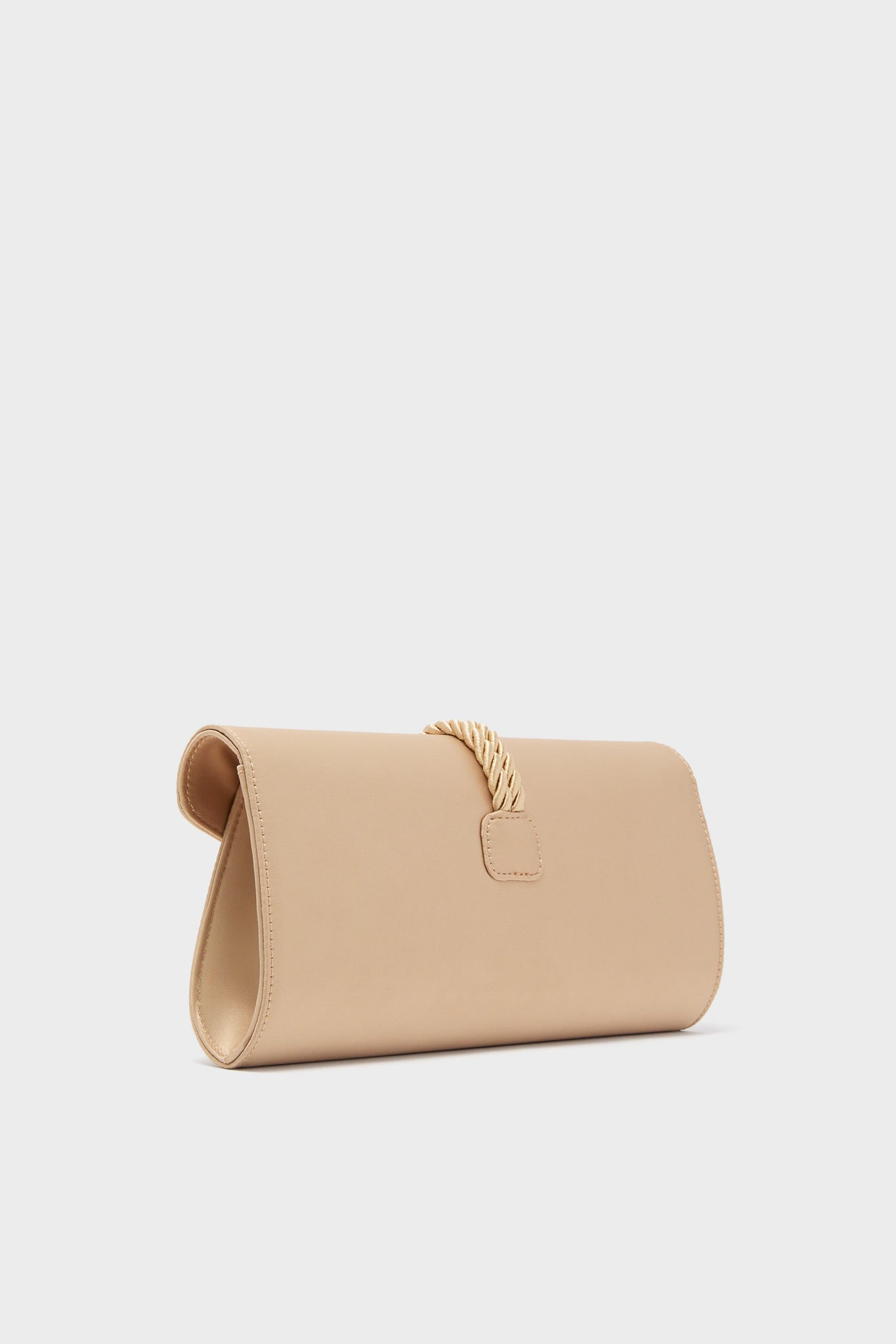 Champagne Satin Gabrielle Clutch, a classic, minimalist envelope design with a braided tassel and gold rope handle. Effortless, fun, and high-end for special occasions.