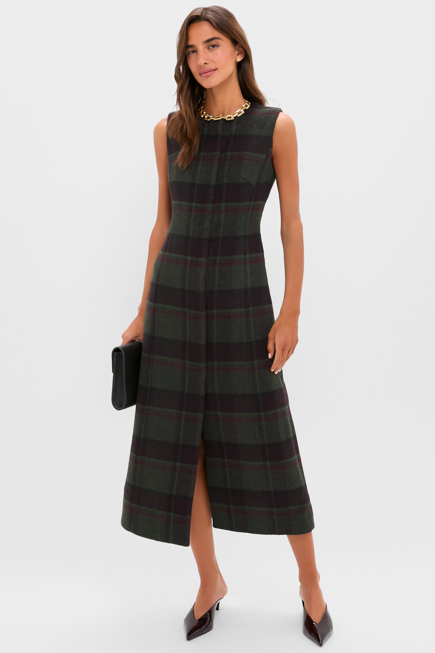 Forest Plaid Wool Rhoda Midi Dress