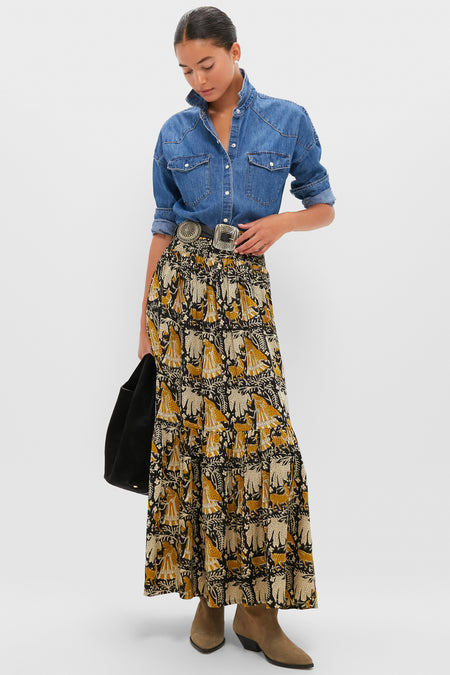 Story Print Shirred Skirt