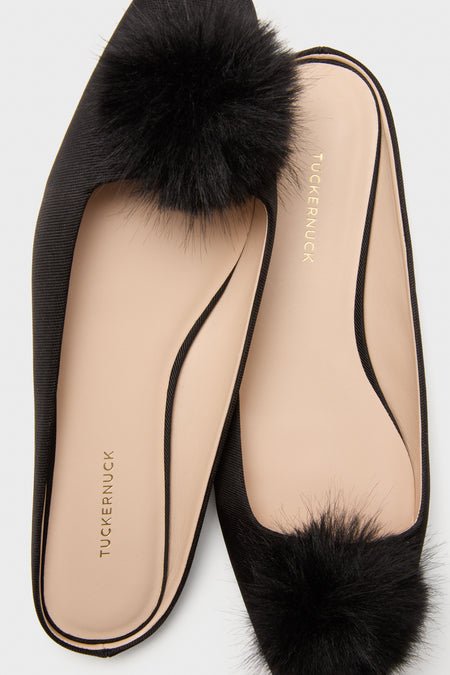 Black Silk Faille Nilli Flats with Pom Pom