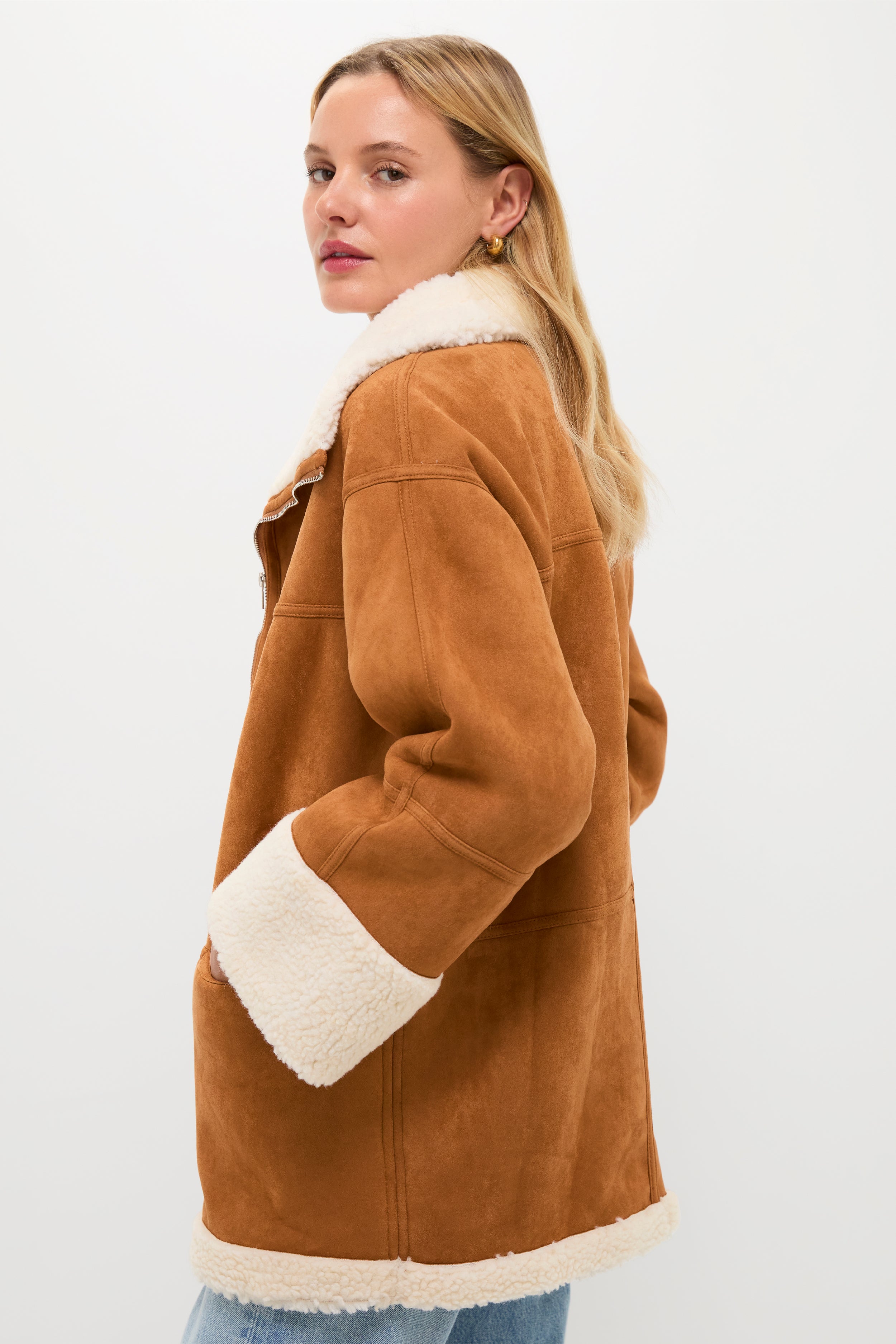 ☆TIME SALE 美品 Think fur Eco Suede Jacket Camel Fur Trim Suede Coat | Moon River