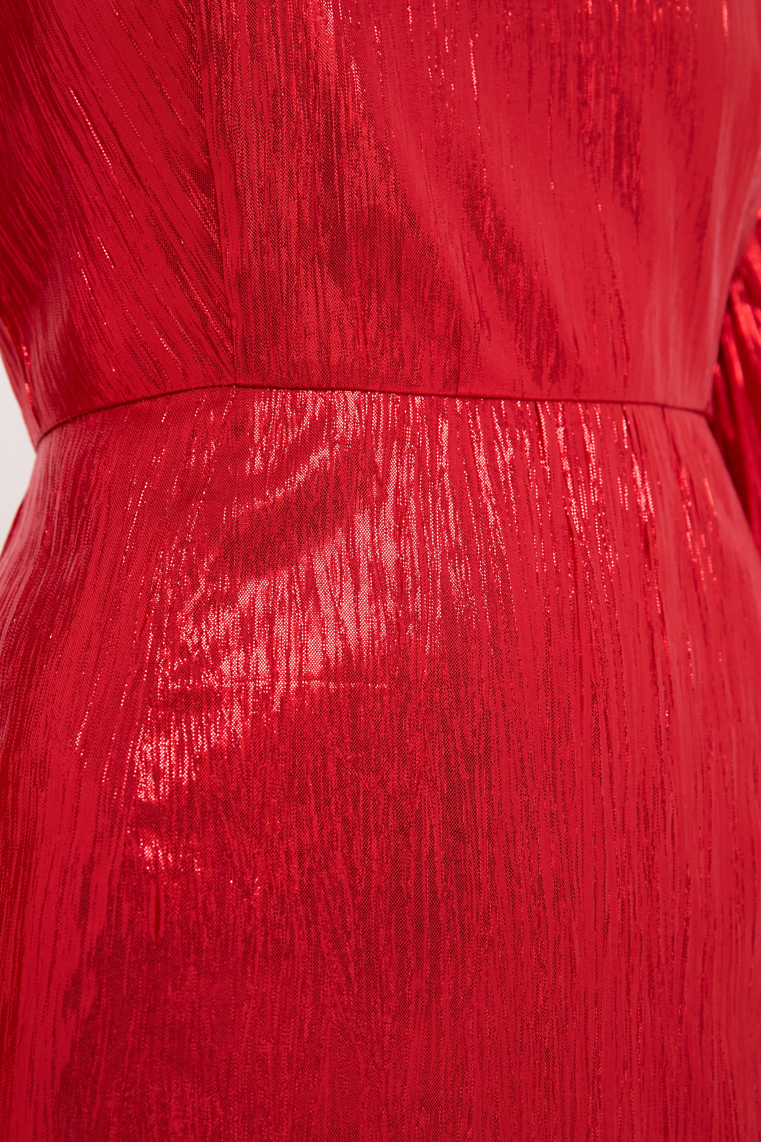 Red Metallic Plisse Puff Sleeve Darcy Midi Dress | Hyacinth House