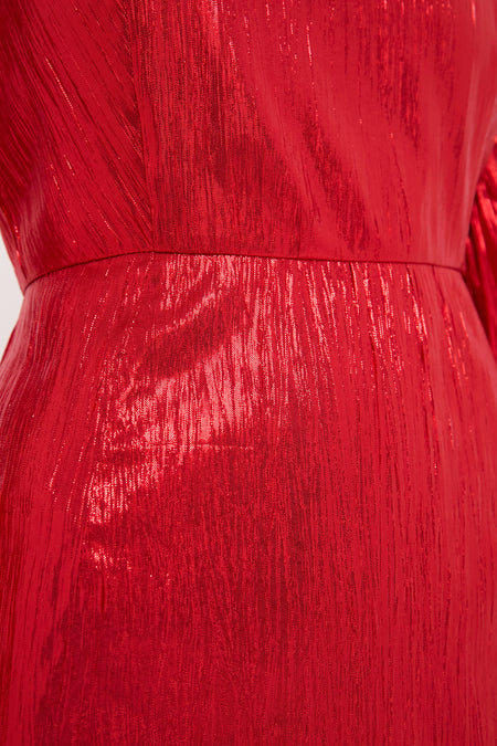 Red Metallic Plisse Puff Sleeve Darcy Midi Dress