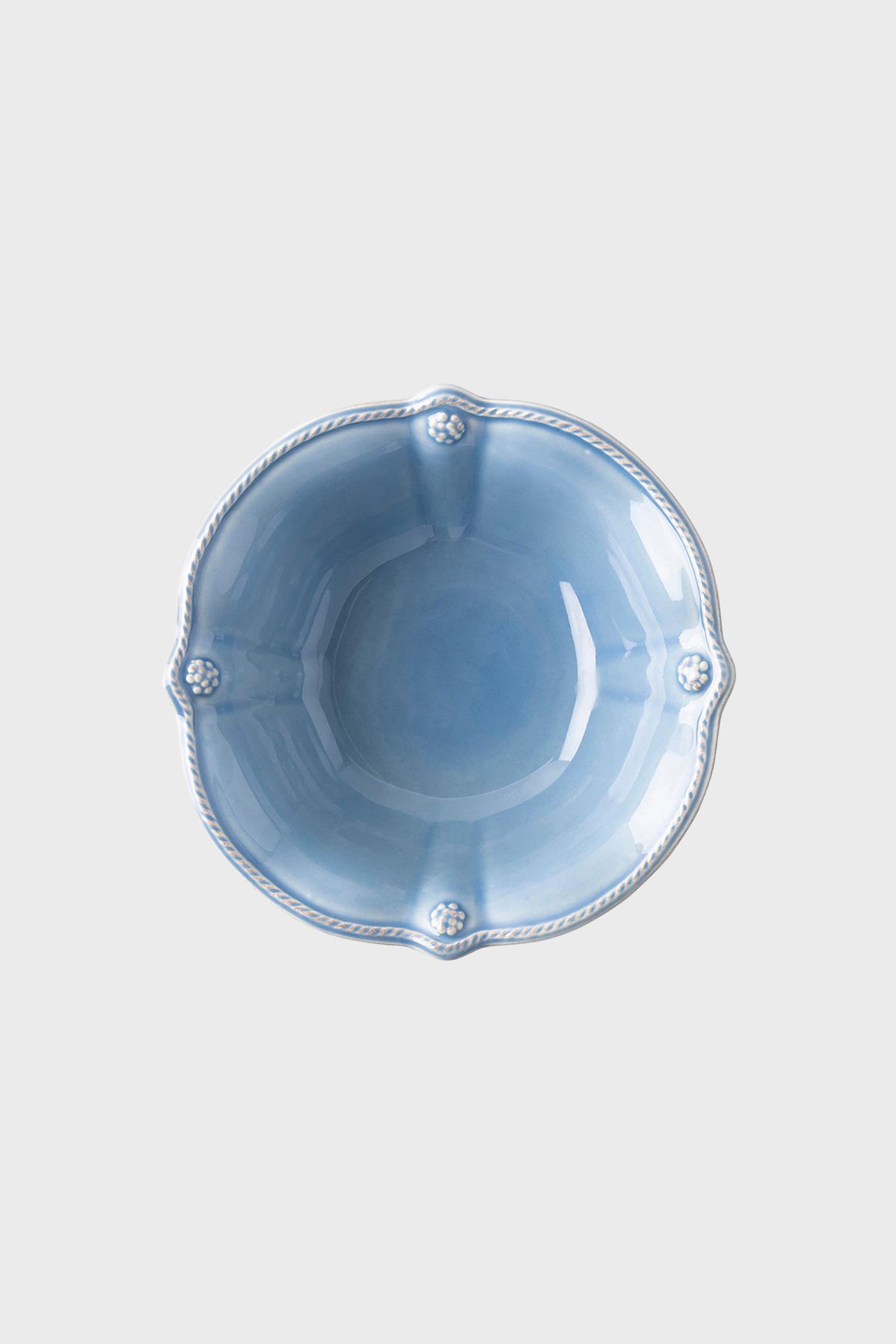 Chambray Berry & Thread Flared Cereal/Ice Cream Bowl: A classic, effortless design with scalloped edges, bead accents, and a twisted-rope border, perfect for high-end, fun dining experiences.