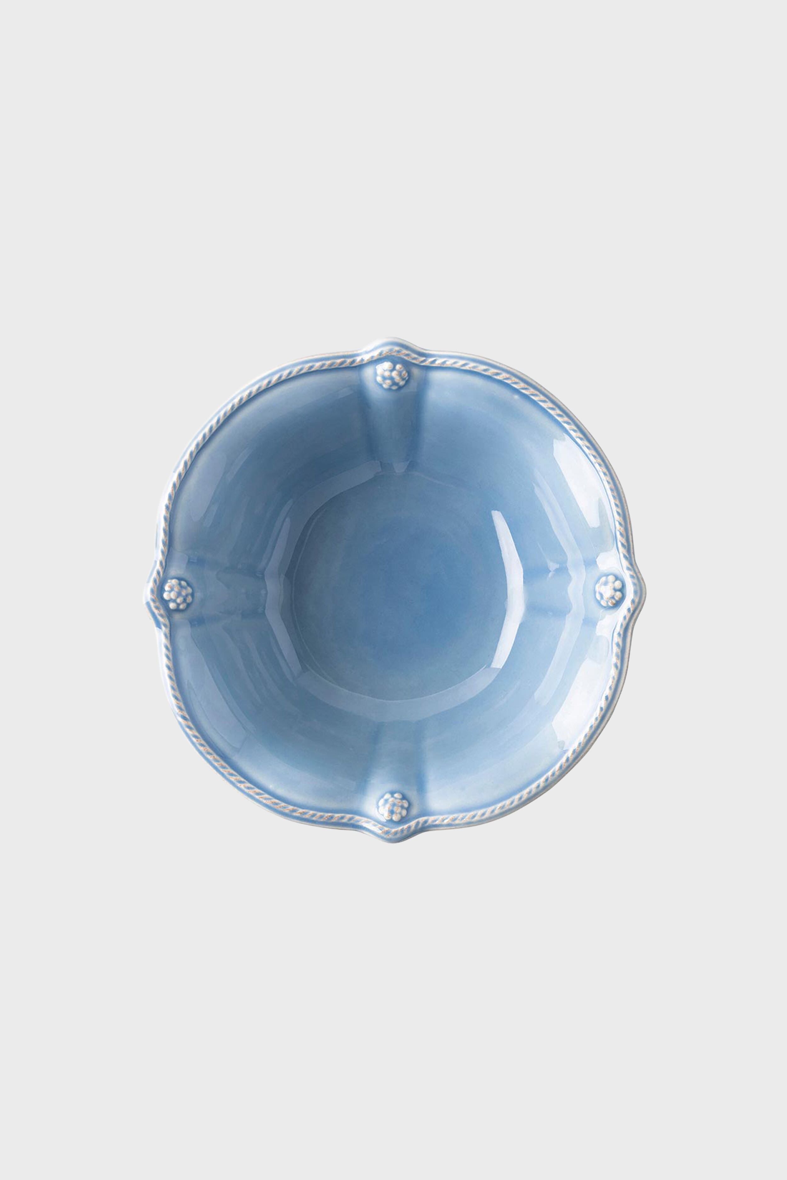 Chambray Berry & Thread Flared Cereal/Ice Cream Bowl: A classic, effortless design with scalloped edges, bead accents, and a twisted-rope border, perfect for high-end, fun dining experiences.