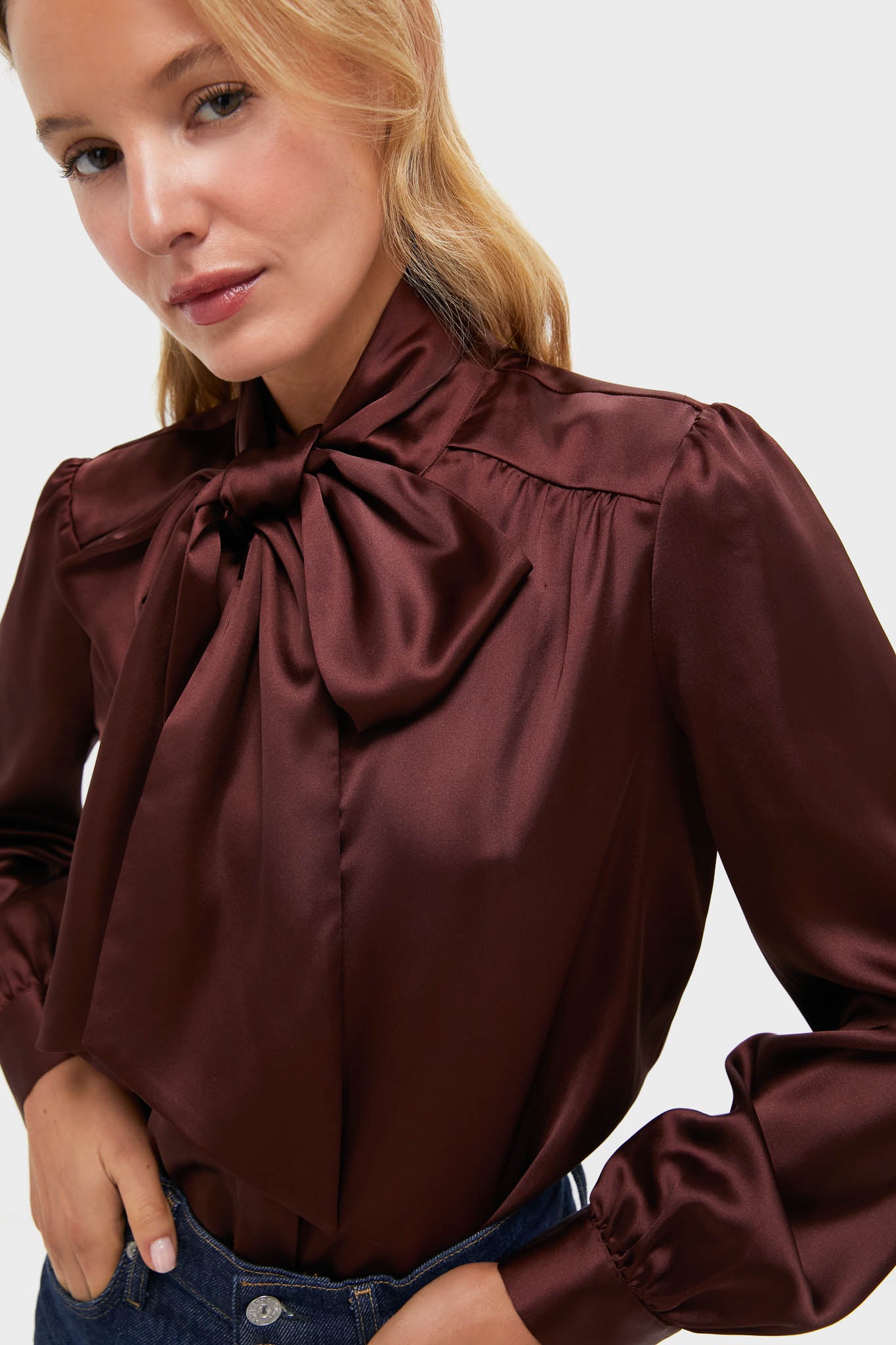 Chocolate Satin Brianna Bow Blouse | Tuckernuck