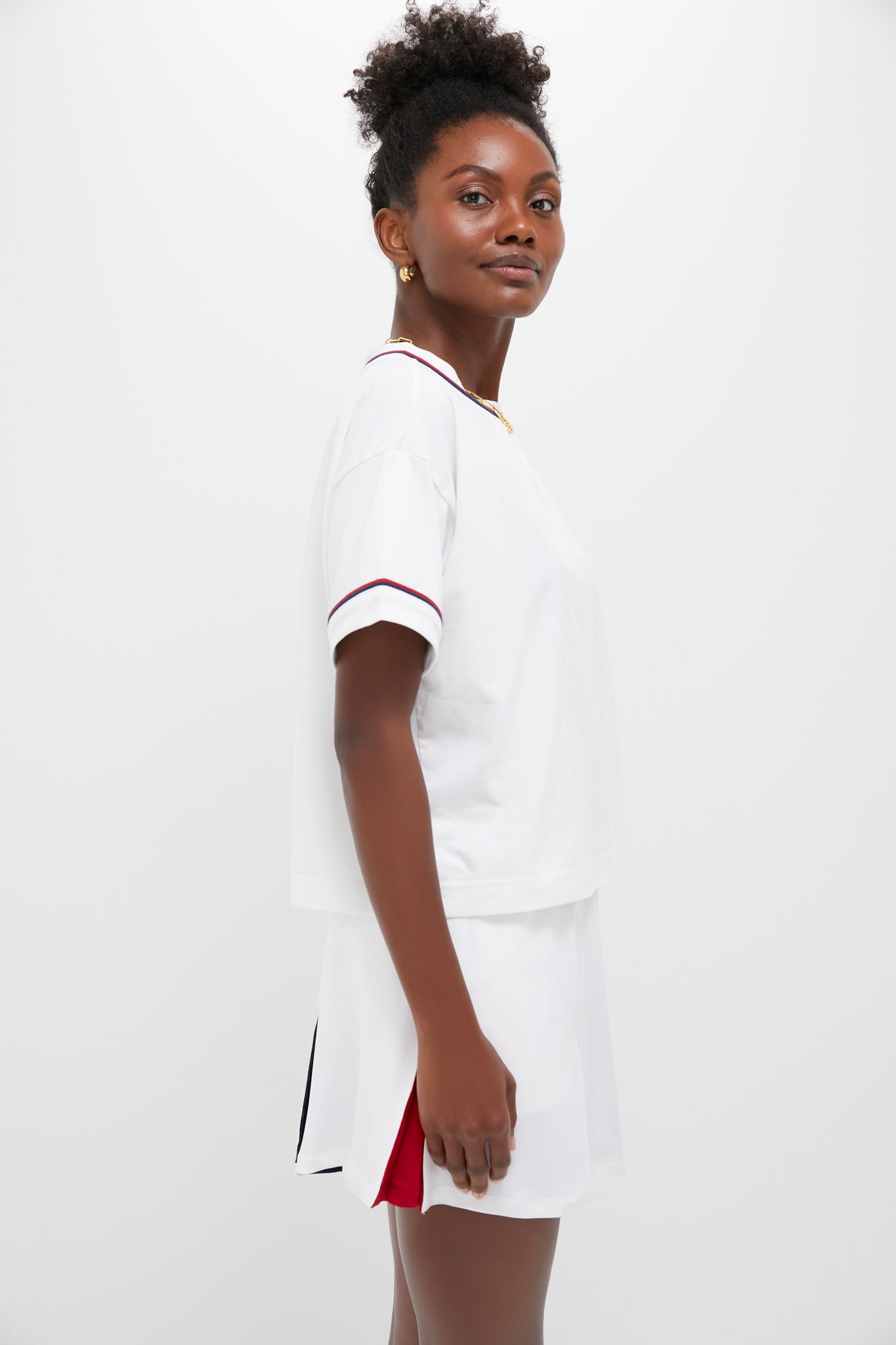 White Americana Piped Performance Cotton Cropped Ryan Boyfriend Tee