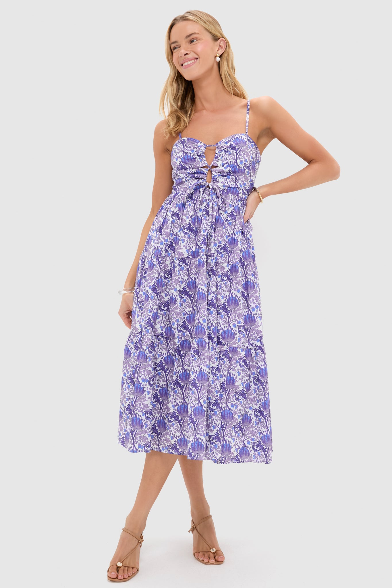 fitted lace wedding dress Purple Multi Floral Corinne Cut-Out Midi Dress