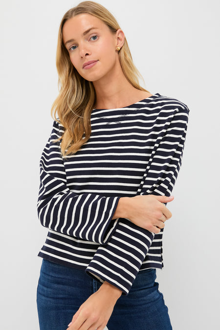 Navy and White Boat Neck Long Sleeve Shirt