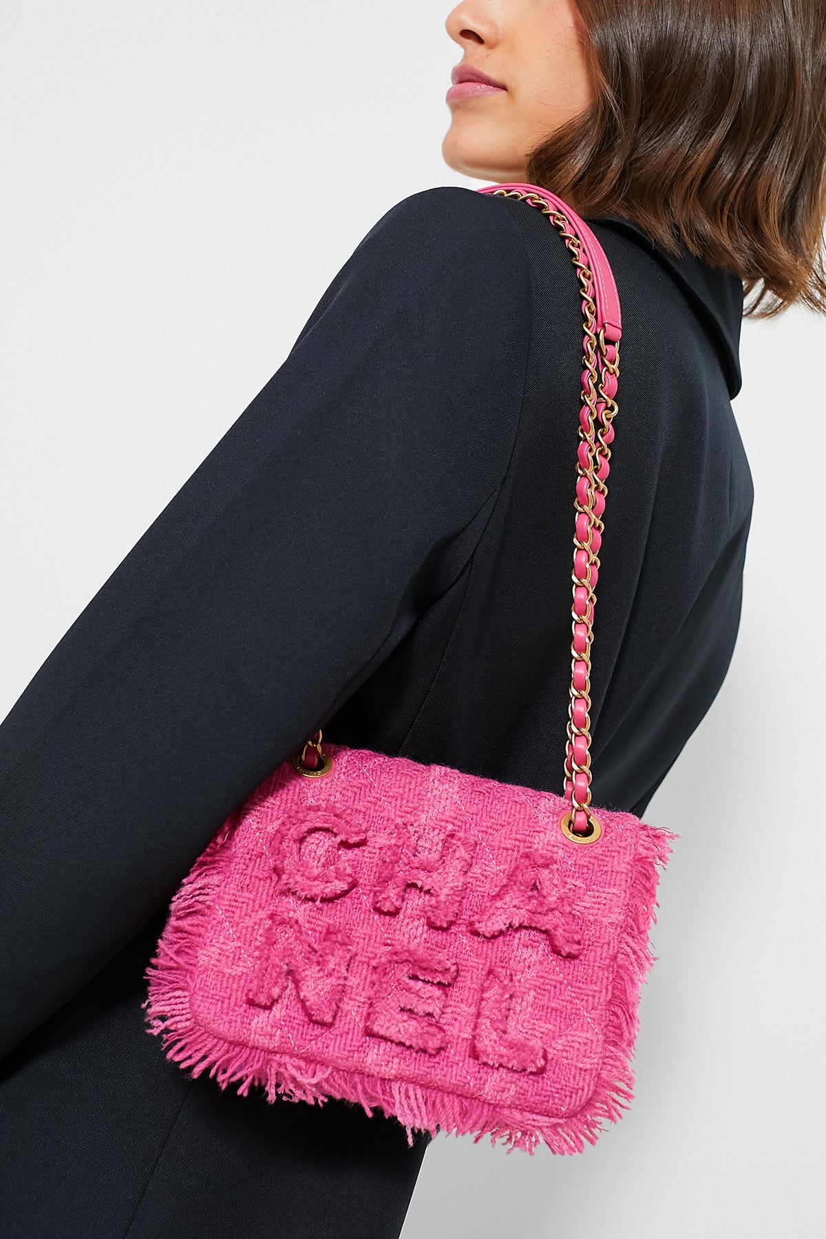 CHANEL Pink Logo Tweed Shoulder Bag
