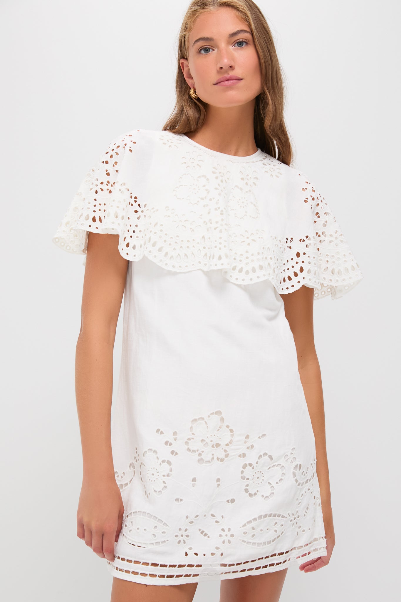 White Lula Embroidery Short Sleeve Mini Dress