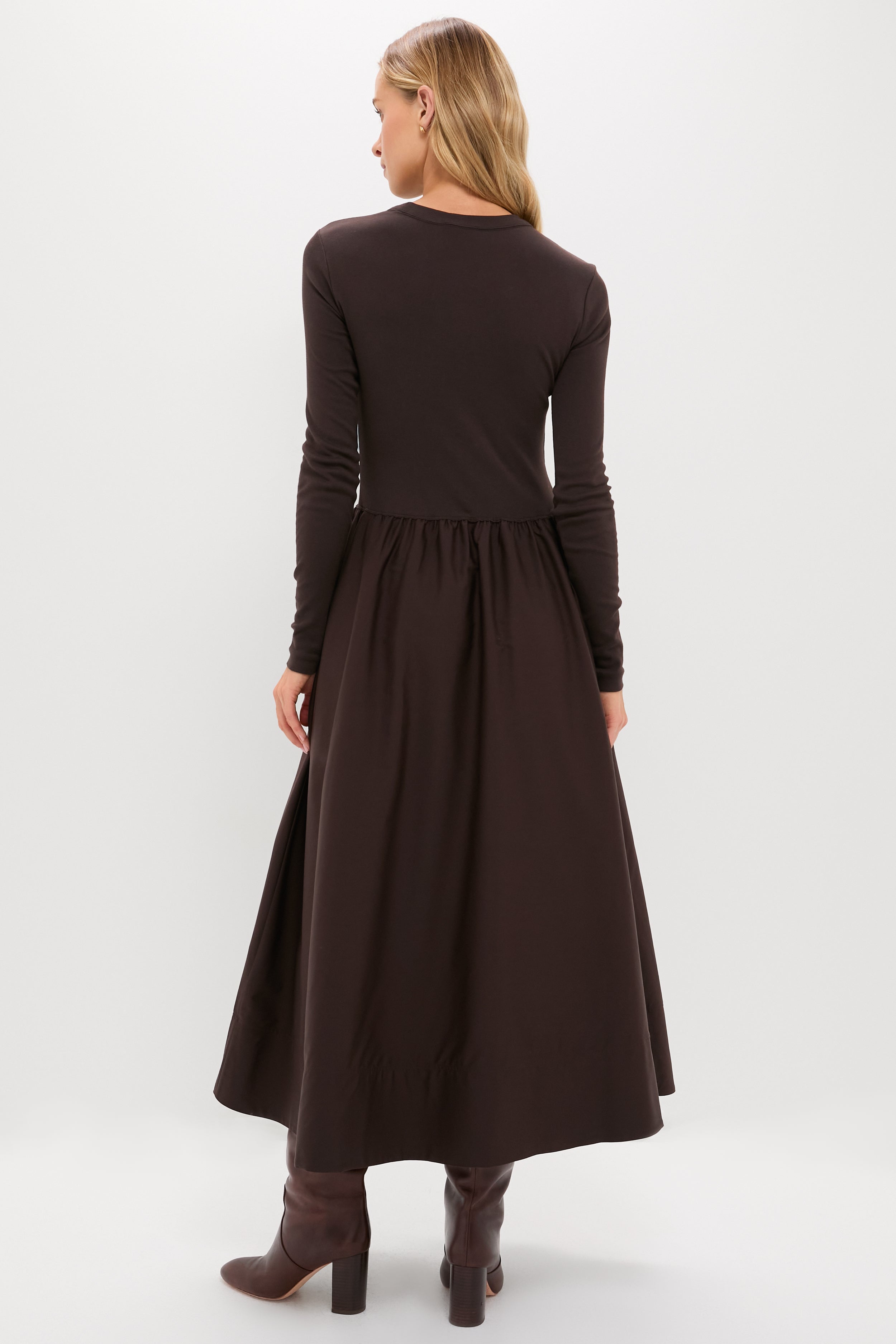 Squire Brown Rib Knit Crew Neck Long Sleeve A-Line Dress