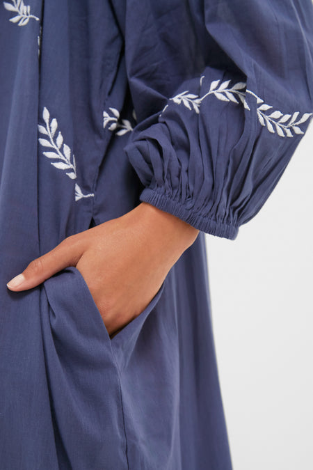 White Dove Embroidery Blue Indigo Organic Folk Maxi Dress