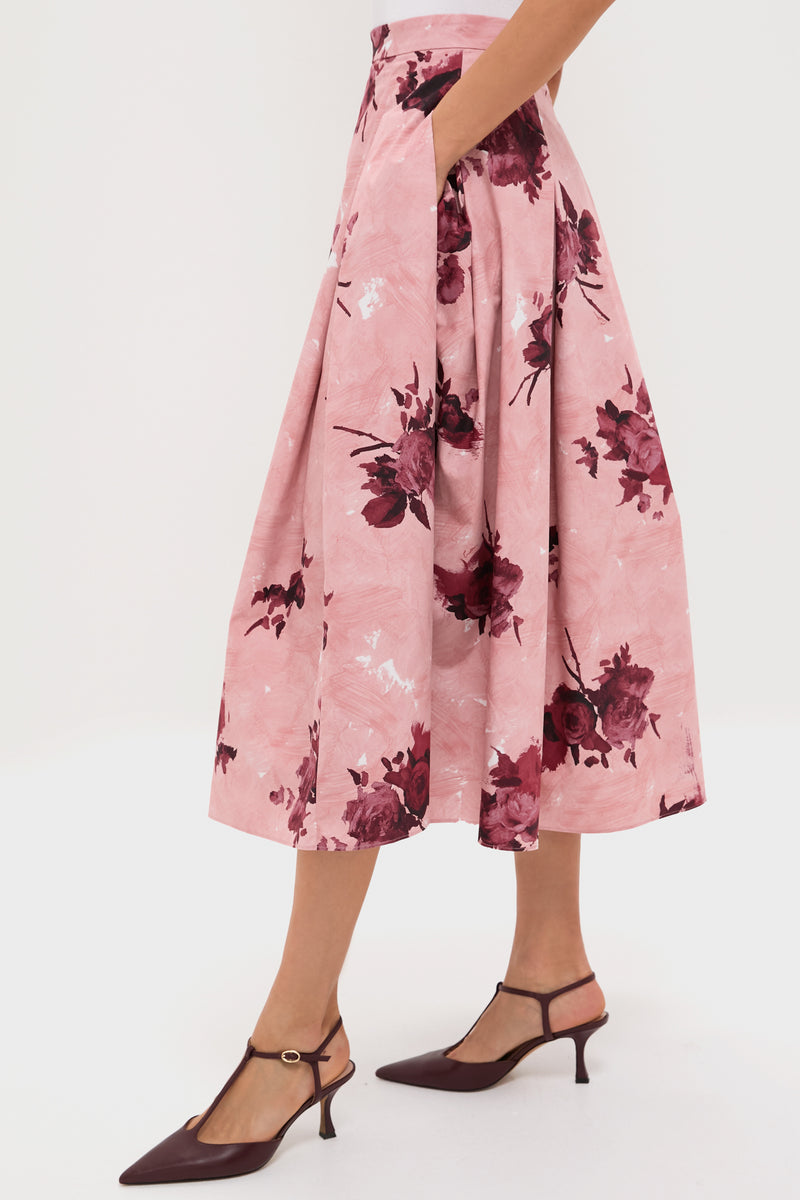 Abstract Rose Slipper Pink Pleated Midi Skirt