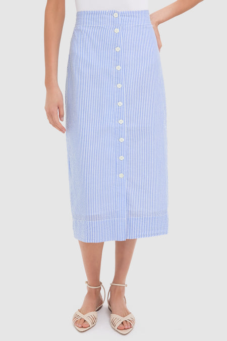 Blue and White Button Front Skirt