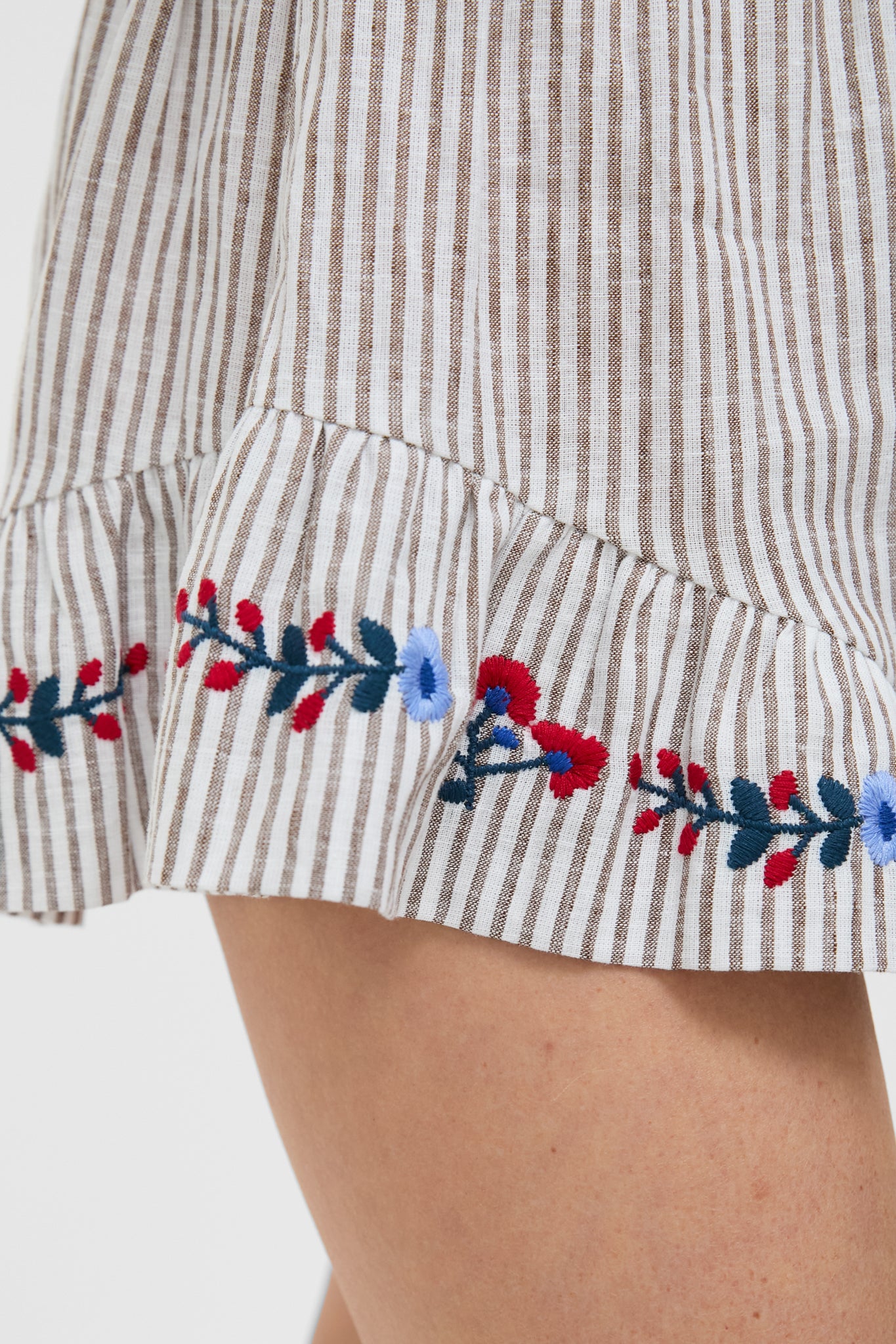 Tan Stripe Embroidered Ruffle Jill Short