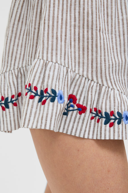 Tan Stripe Embroidered Ruffle Jill Short